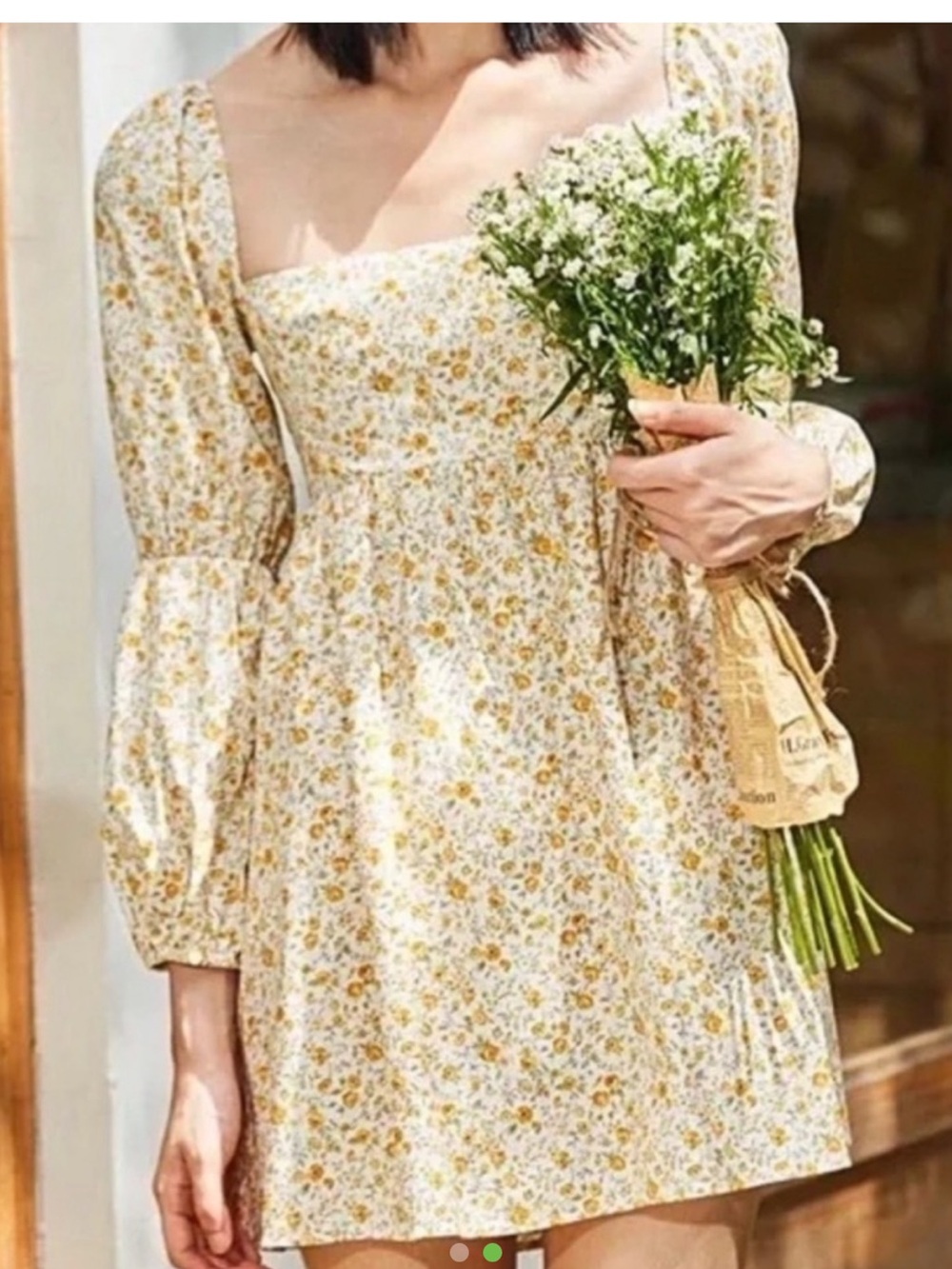 Reformation Yellow Floral Square-Neck Mini Dress